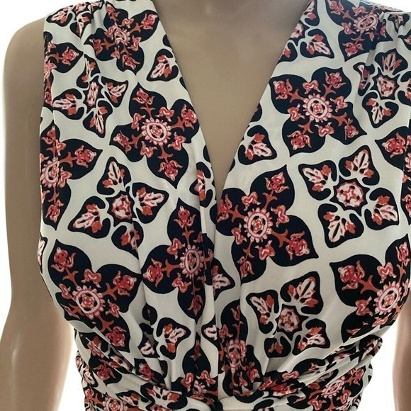 Floral‎ Print Sleeveless Dress Knot Front White Orange Black Pattern - Picture 1 of 8